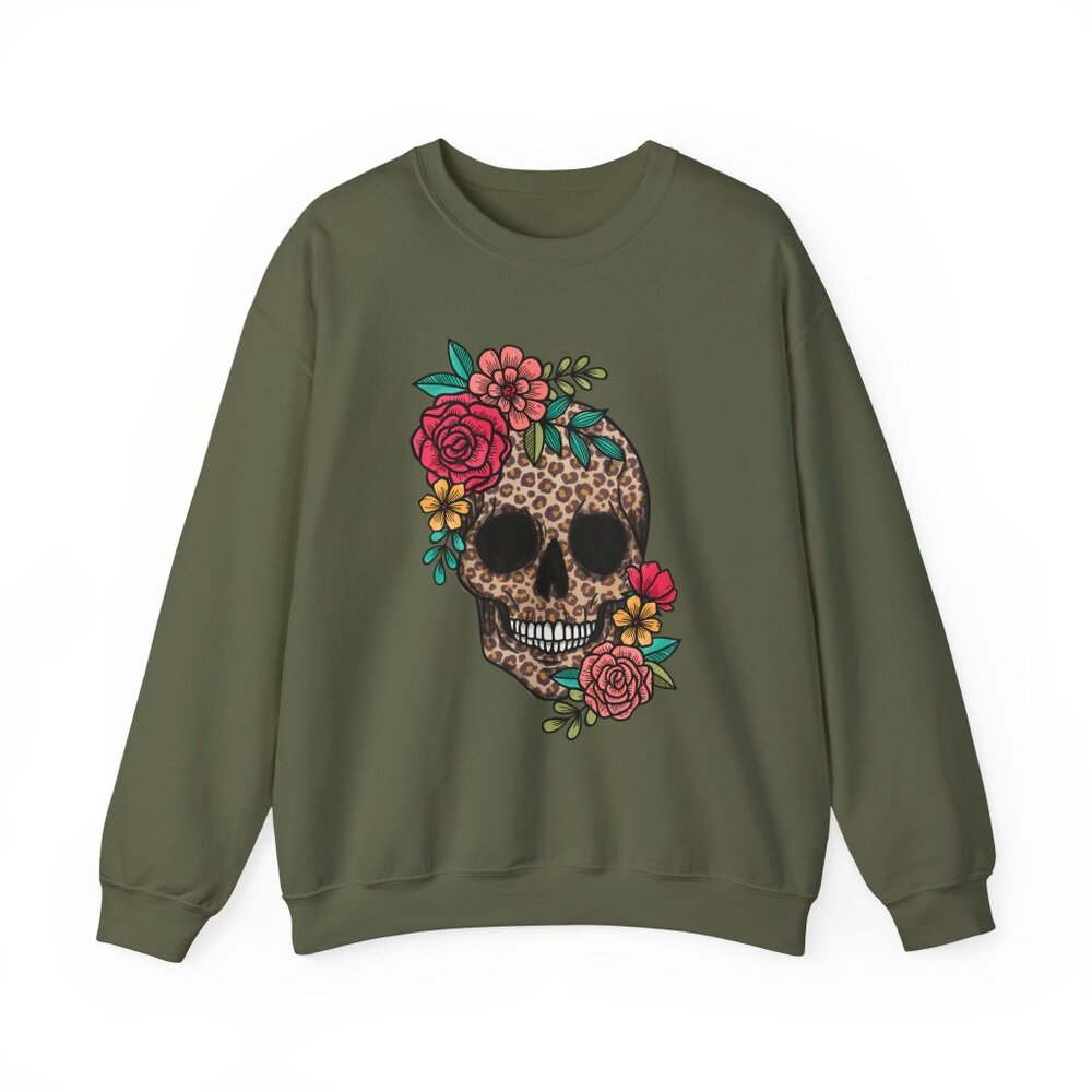 Skull with Vibrant Flowers Unisex Gildan Sweatshirt Crewneck - Picture 6 of 13